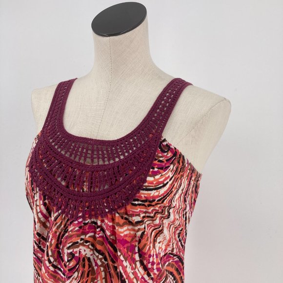 Prana Womens Top Sleeveless Tank Crochet Detail Pink Orange Print Size Small - Picture 2 of 6